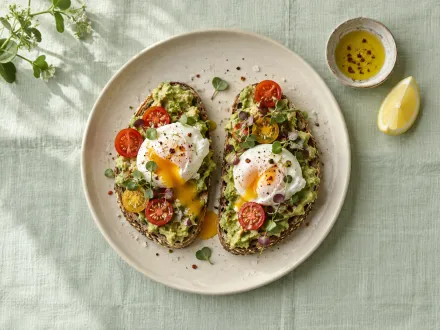 Avocado toast with poached eggs, seen from above