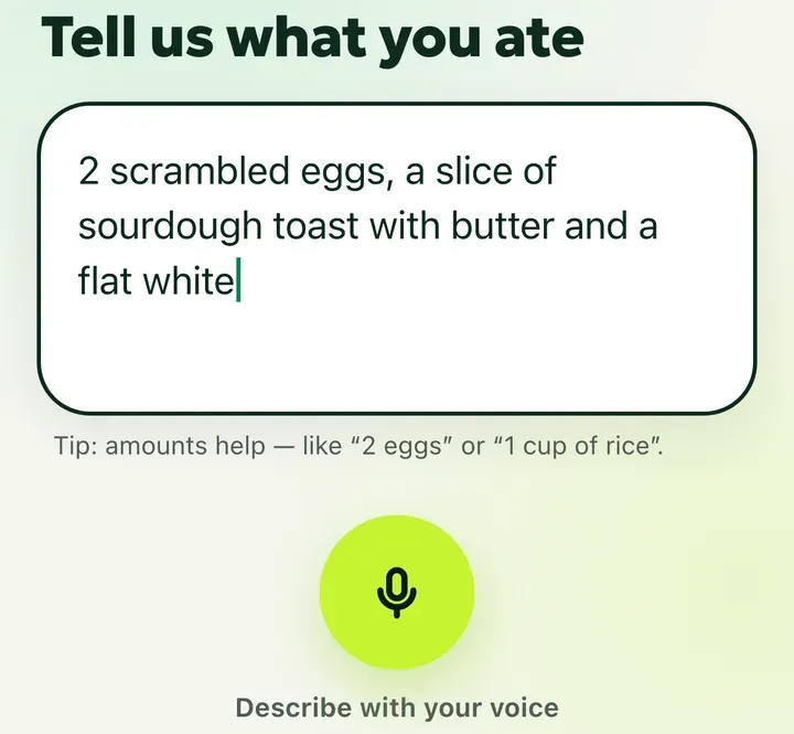 The CaloriePix describe screen: a text box with a typed meal, the tip “amounts help, like 2 eggs or 1 cup of rice”, and a microphone button to describe the meal by voice