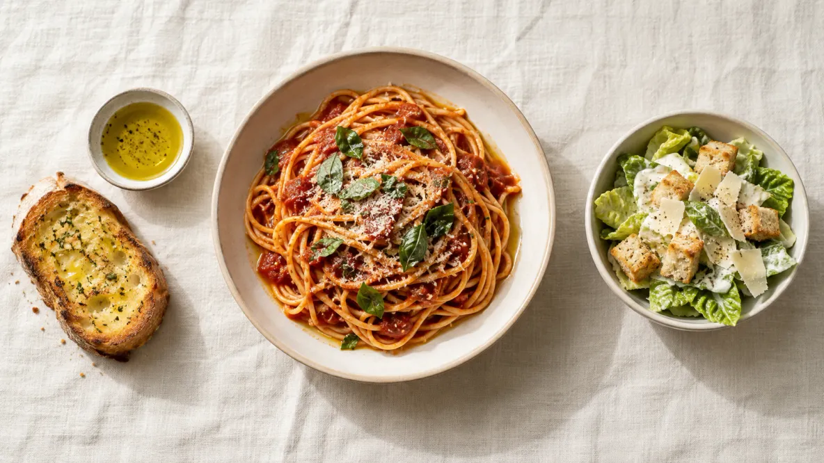 Spaghetti with olive oil, garlic bread with butter and a Caesar salad seen from above