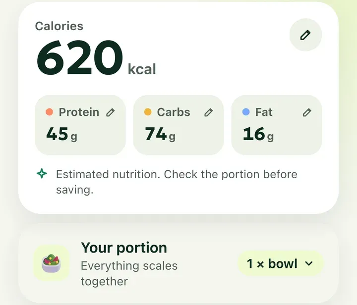 The CaloriePix review screen: estimated calories and protein, carbs and fat with edit buttons, the note “Estimated nutrition. Check the portion before saving.”, and a “Your portion” control set to 1 × bowl